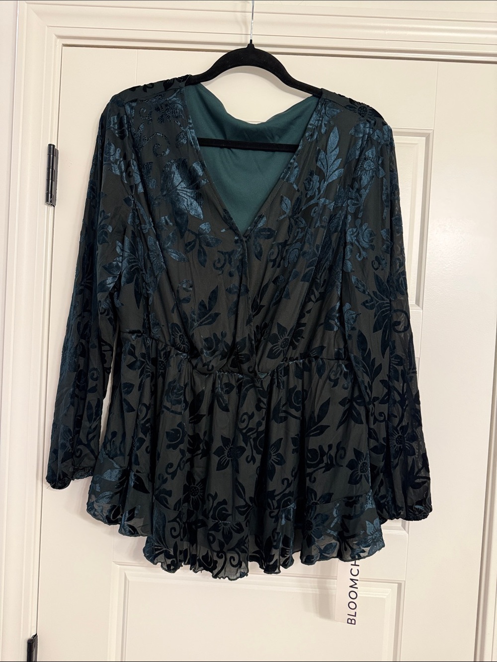 BloomChic Black & Deep Green Floral Velvet Burnout V-Neck Peplum Blouse